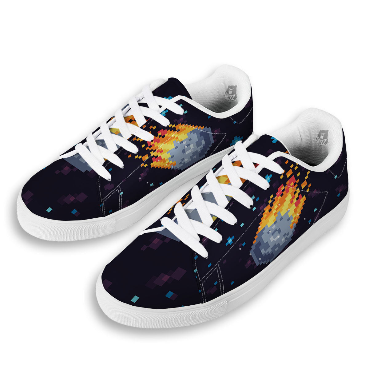 Pixel 8 Bit Meteorite Burnning Print White Low Top Sneakers-grizzshop