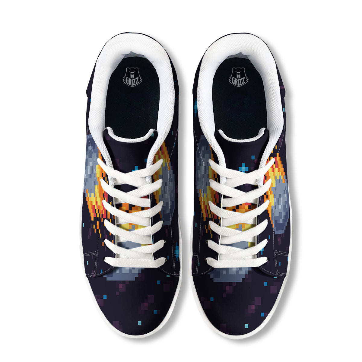 Pixel 8 Bit Meteorite Burnning Print White Low Top Sneakers-grizzshop