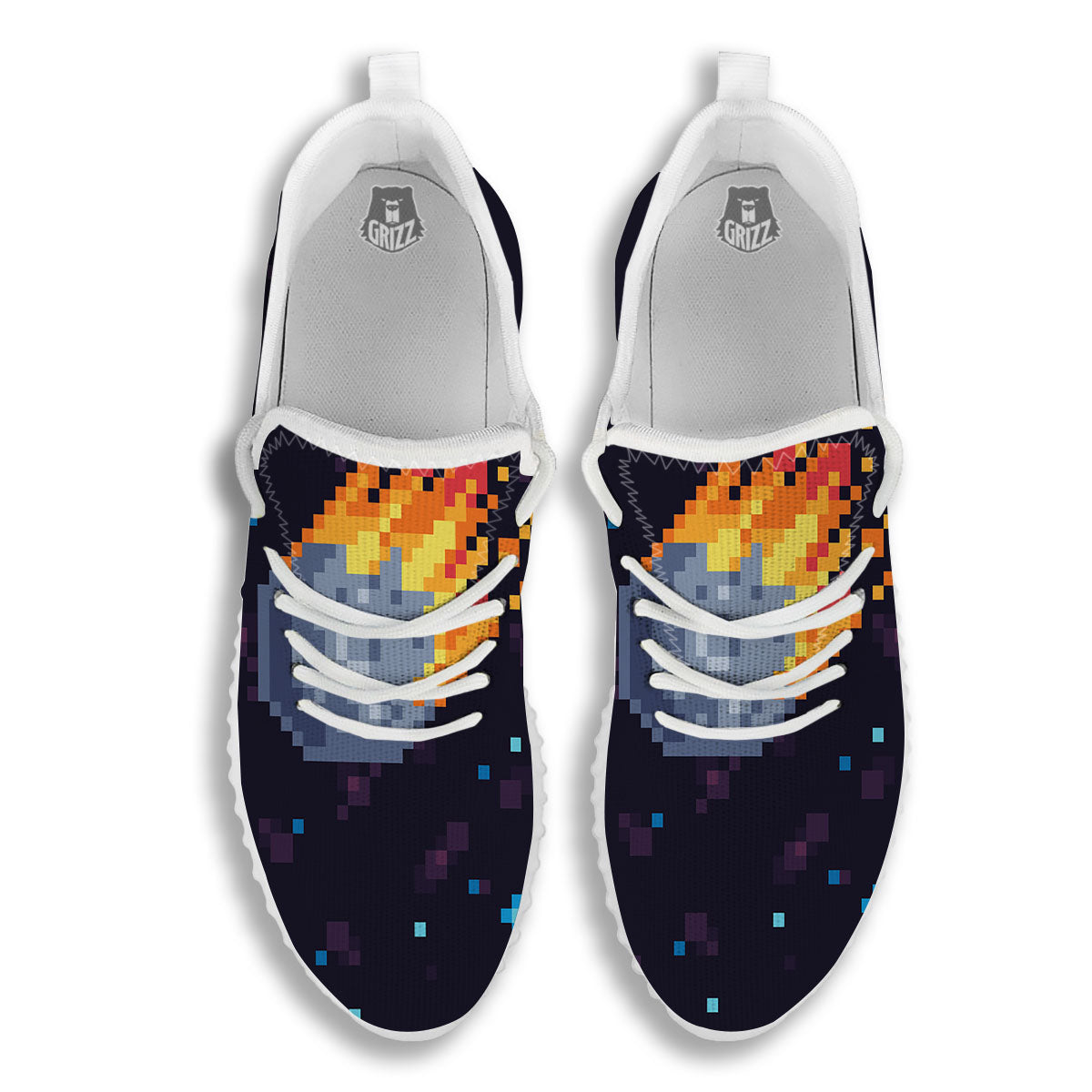 Pixel 8 Bit Meteorite Burnning Print White Walking Shoes-grizzshop