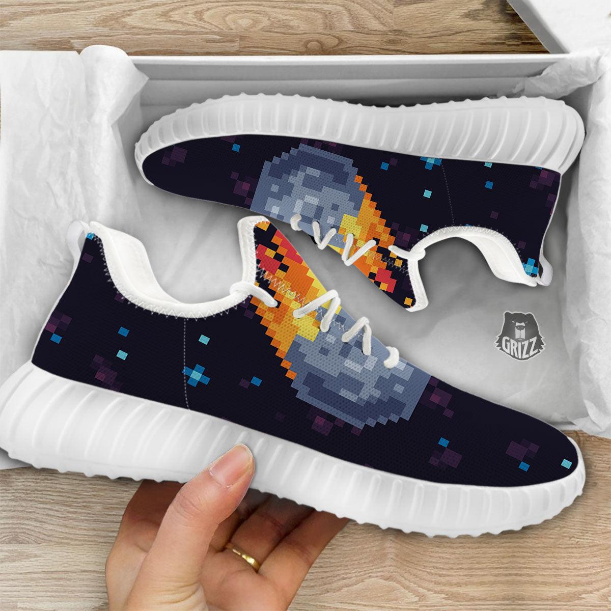 Pixel 8 Bit Meteorite Burnning Print White Walking Shoes-grizzshop