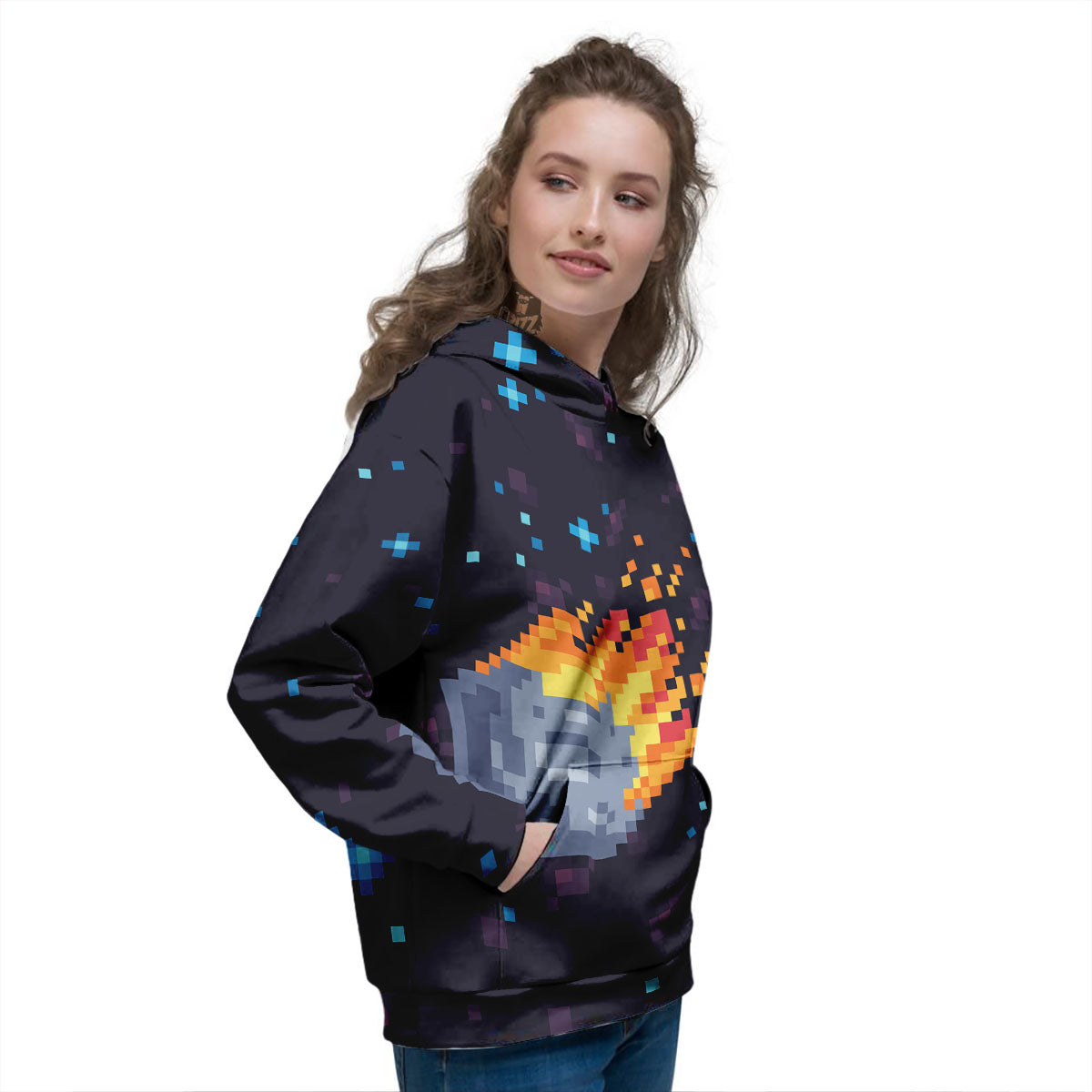 Pixel 8 Bit Meteorite Burnning Print Women's Hoodie-grizzshop