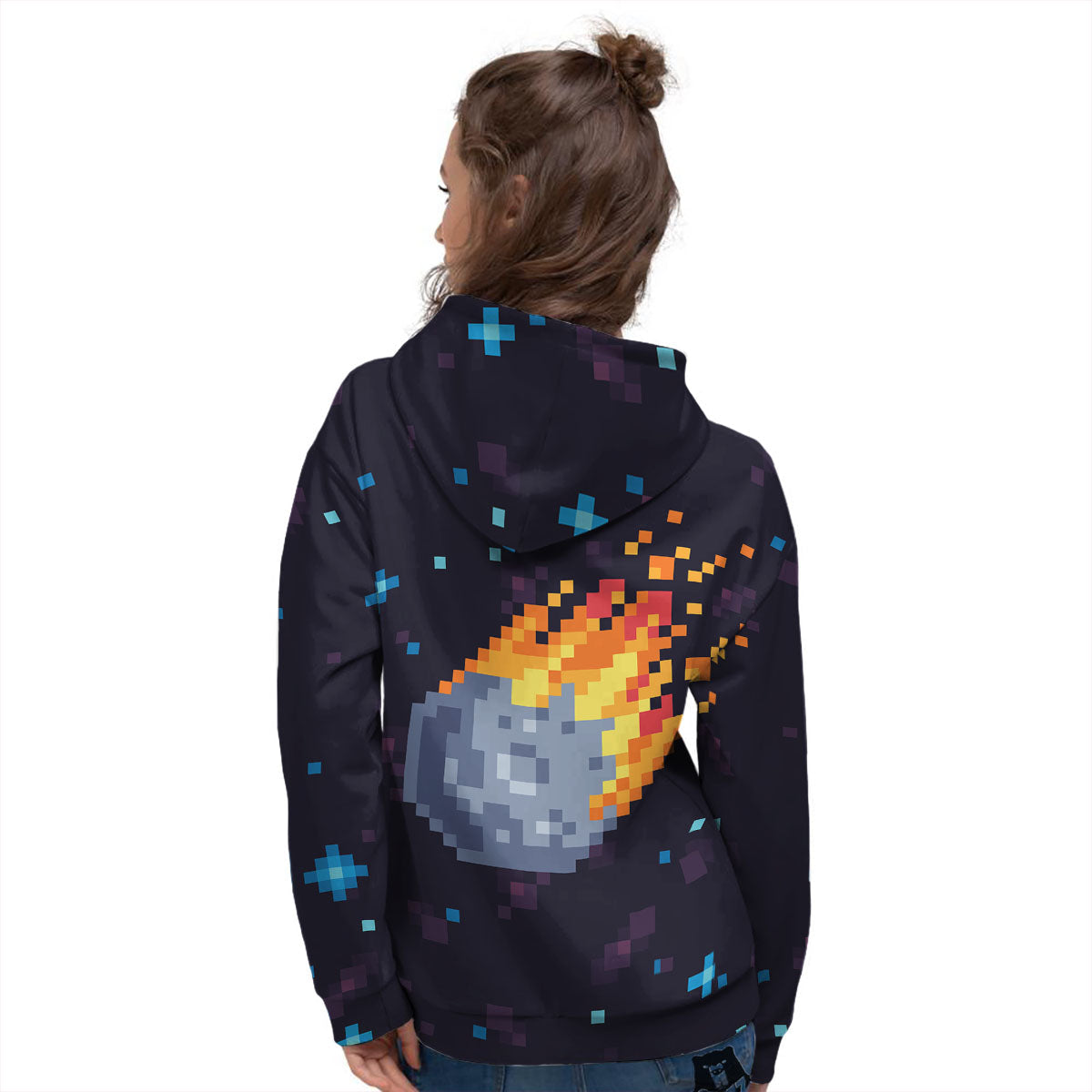 Pixel 8 Bit Meteorite Burnning Print Women's Hoodie-grizzshop