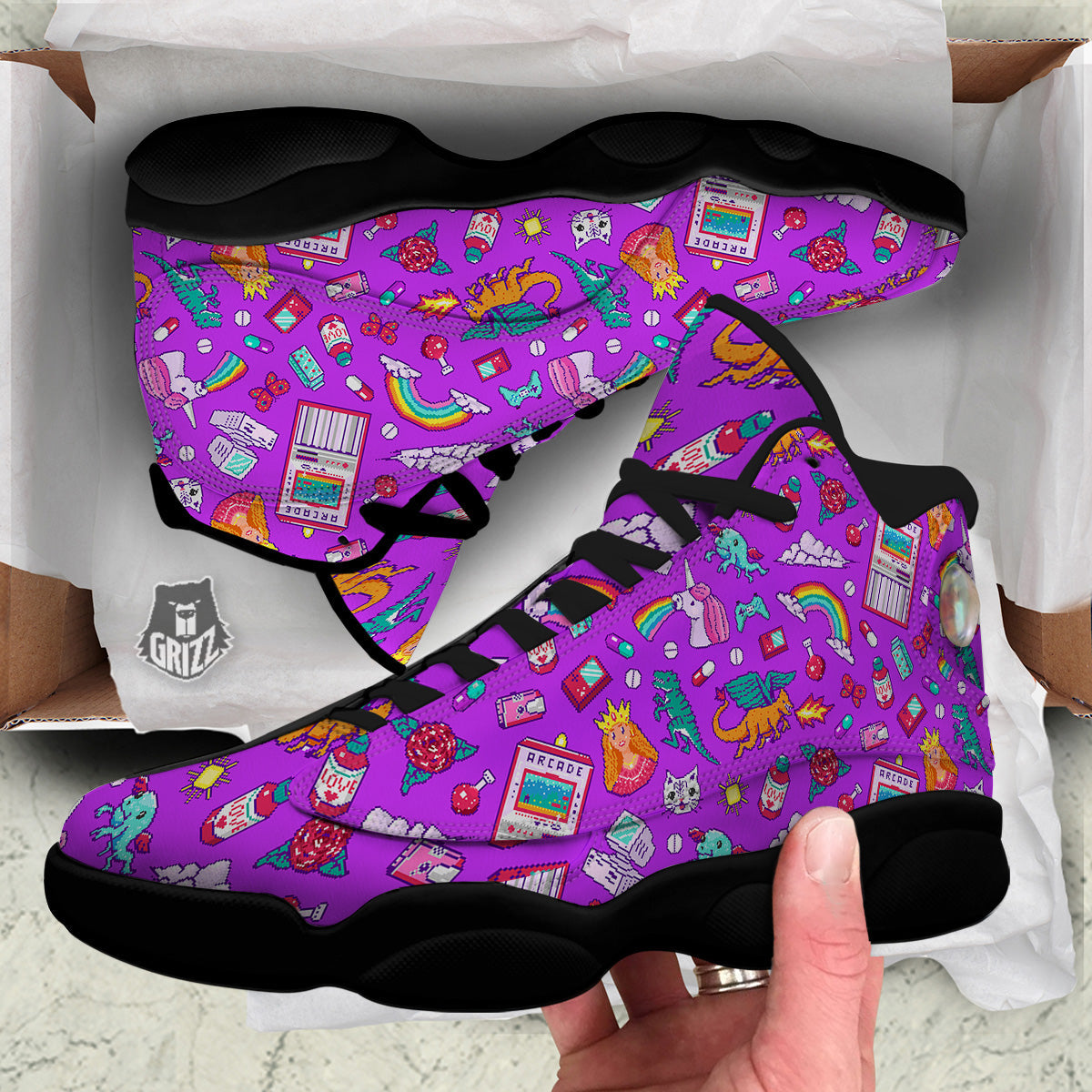 Pixel Art 8 Bit Pink Print Pattern Black Basketball Shoes-grizzshop