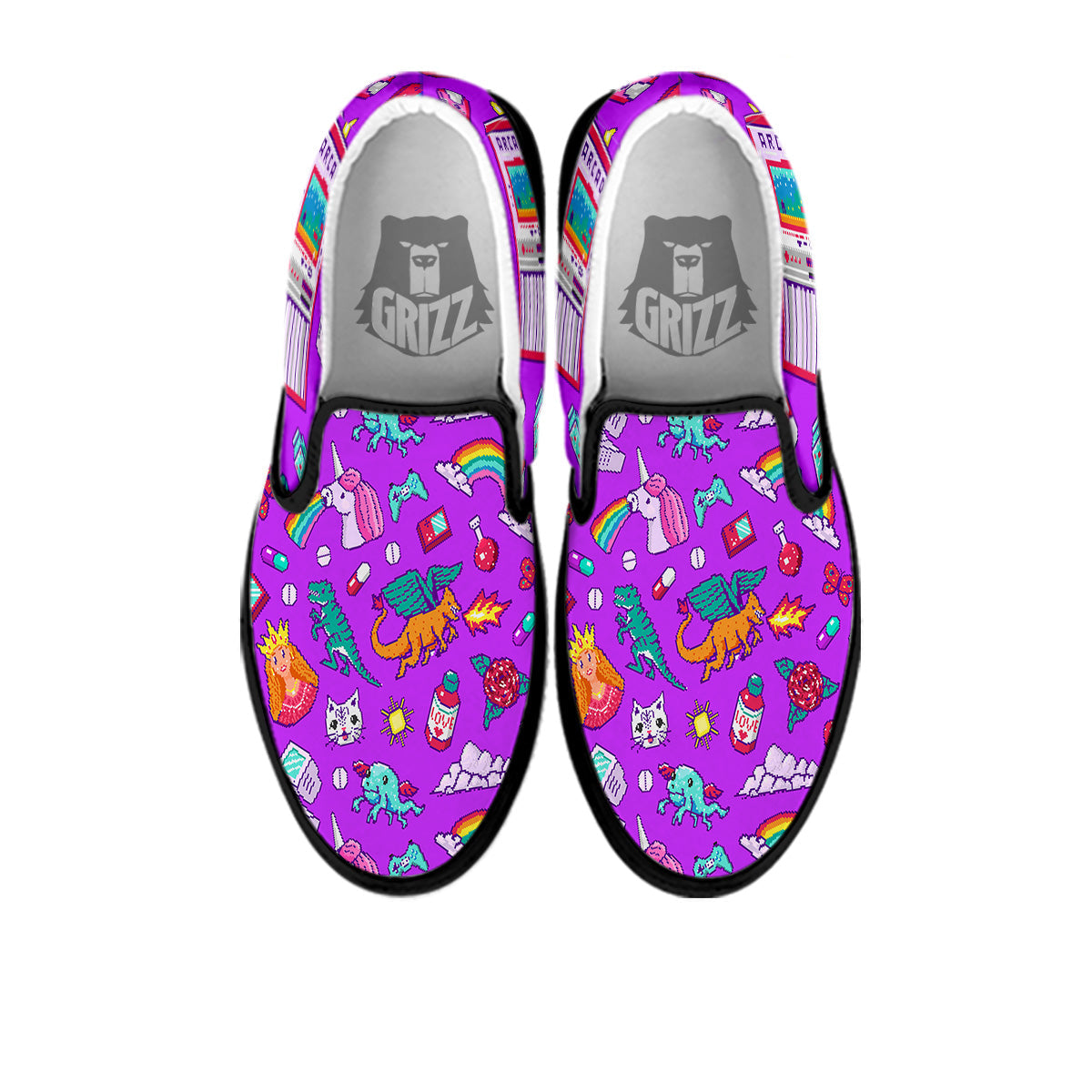 Pixel Art 8 Bit Pink Print Pattern Black Slip On Shoes-grizzshop