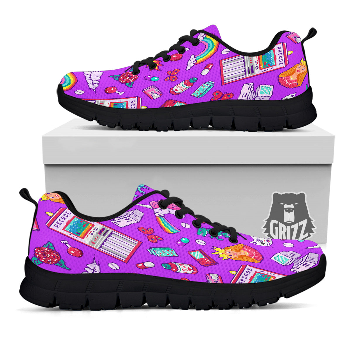 Pixel Art 8 Bit Pink Print Pattern Black Sneaker-grizzshop