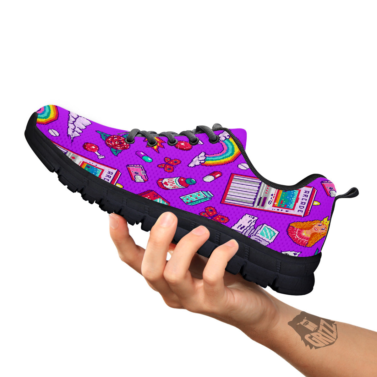 Pixel Art 8 Bit Pink Print Pattern Black Sneaker-grizzshop