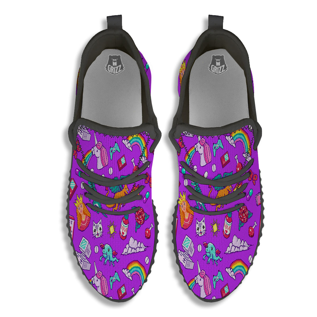 Pixel Art 8 Bit Pink Print Pattern Black Walking Shoes-grizzshop