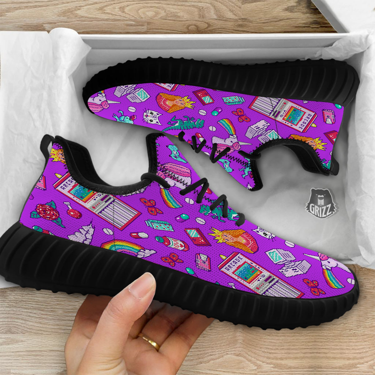 Pixel Art 8 Bit Pink Print Pattern Black Walking Shoes-grizzshop
