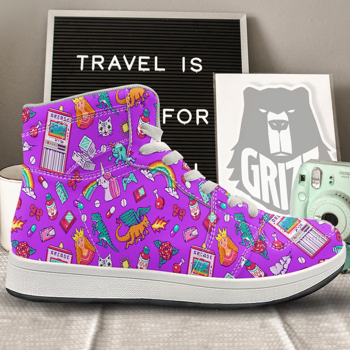 Pixel Art 8 Bit Pink Print Pattern High Top Sneakers-grizzshop
