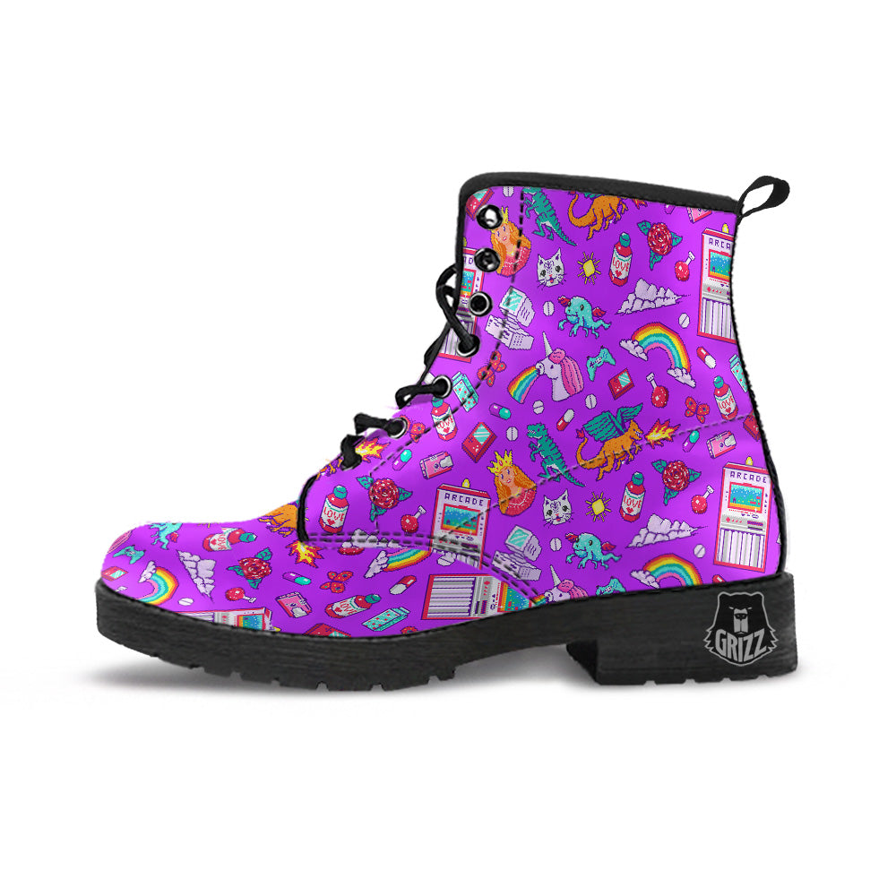 Pixel Art 8 Bit Pink Print Pattern Leather Boots-grizzshop
