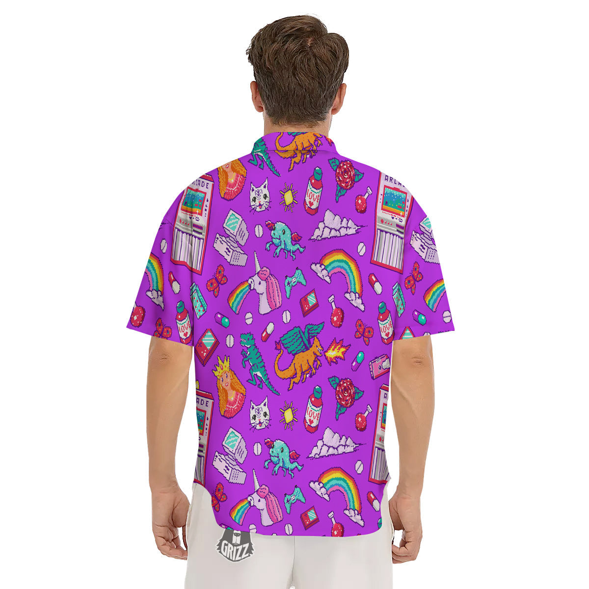 Pixel Art 8 Bit Pink Print Pattern Men's Short Sleeve Shirts-grizzshop