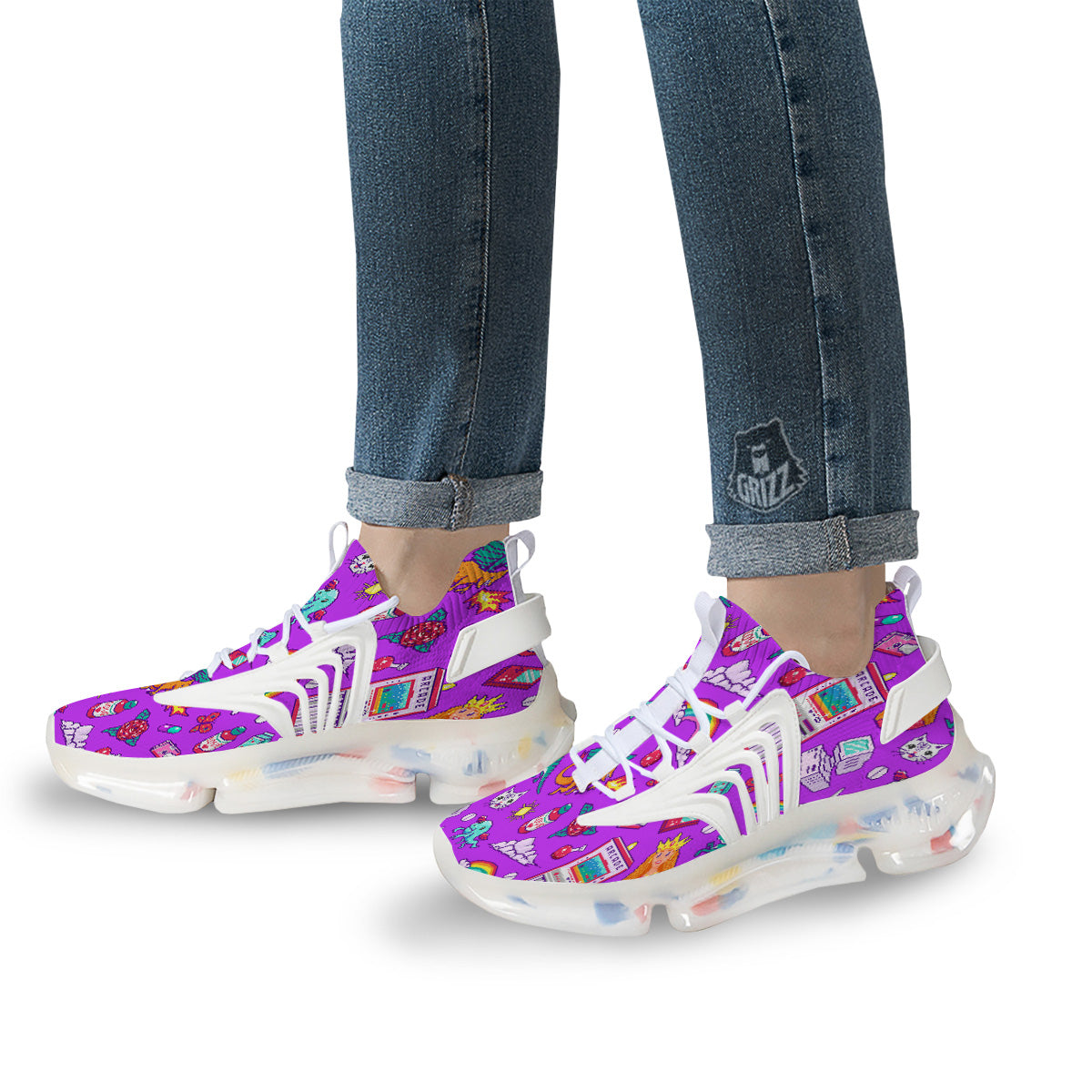 Pixel Art 8 Bit Pink Print Pattern White Gym Shoes-grizzshop