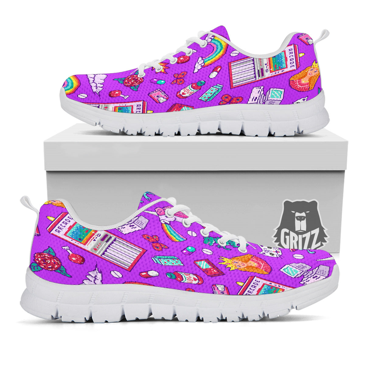 Pixel Art 8 Bit Pink Print Pattern White Sneaker-grizzshop