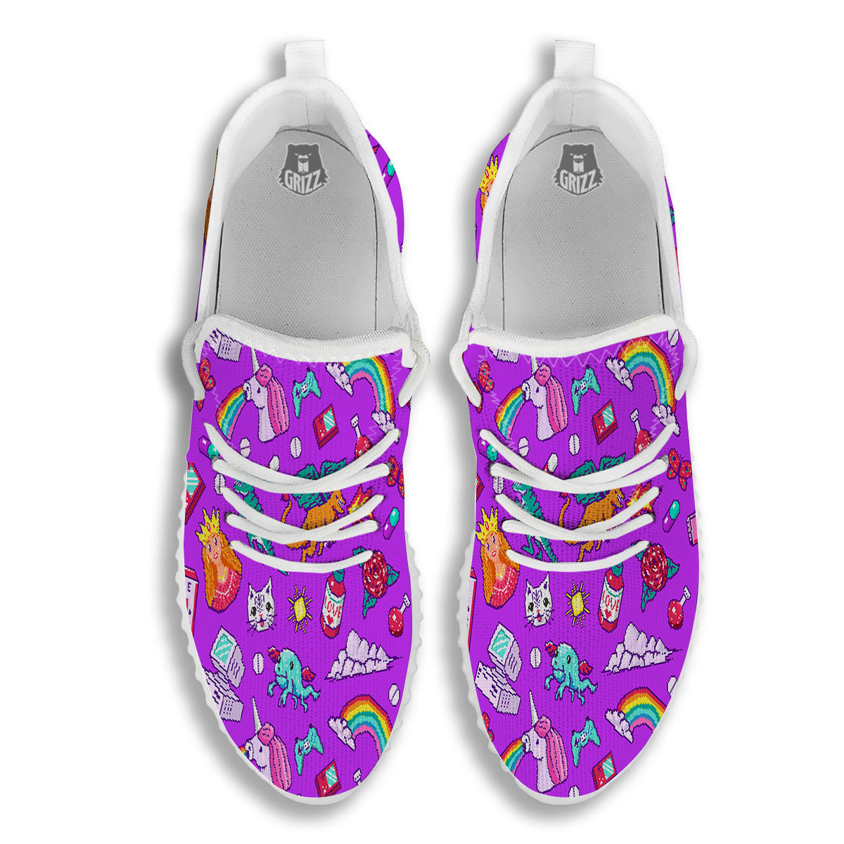 Pixel Art 8 Bit Pink Print Pattern White Walking Shoes-grizzshop