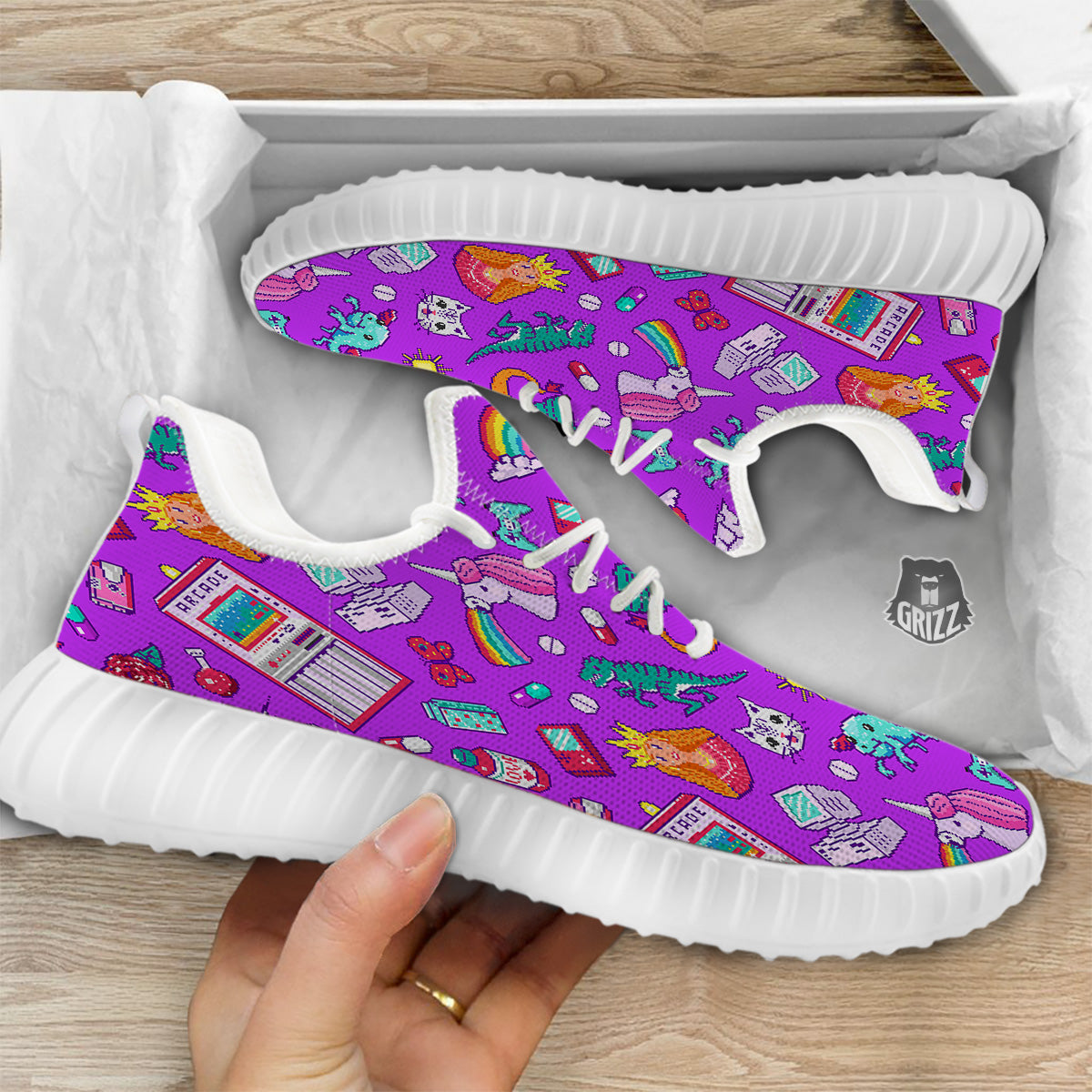 Pixel Art 8 Bit Pink Print Pattern White Walking Shoes-grizzshop