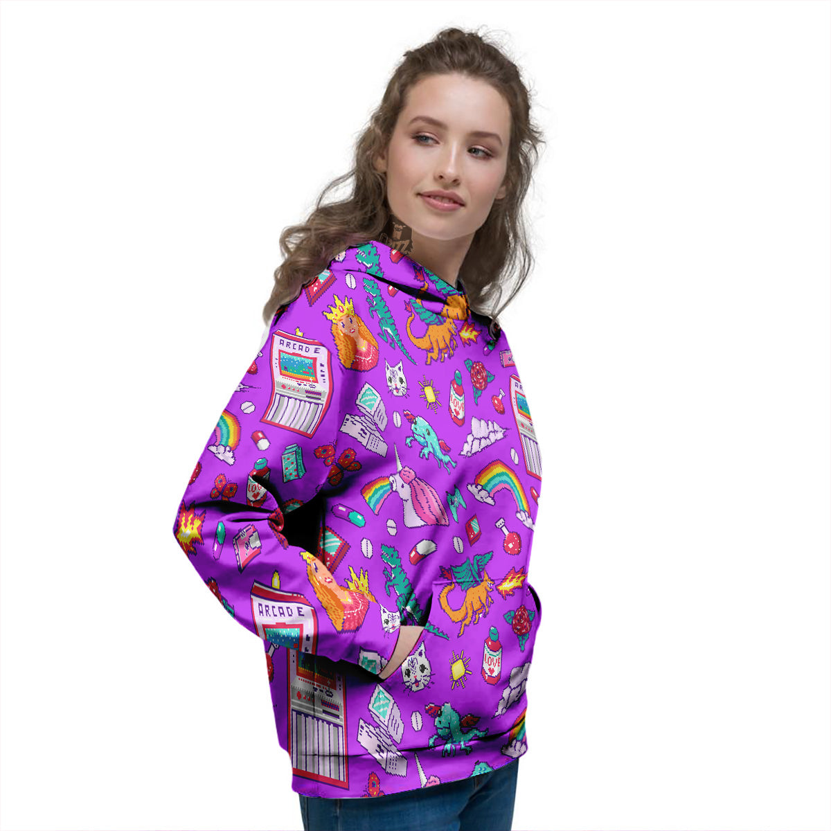 Pixel Art 8 Bit Pink Print Pattern Women's Hoodie-grizzshop