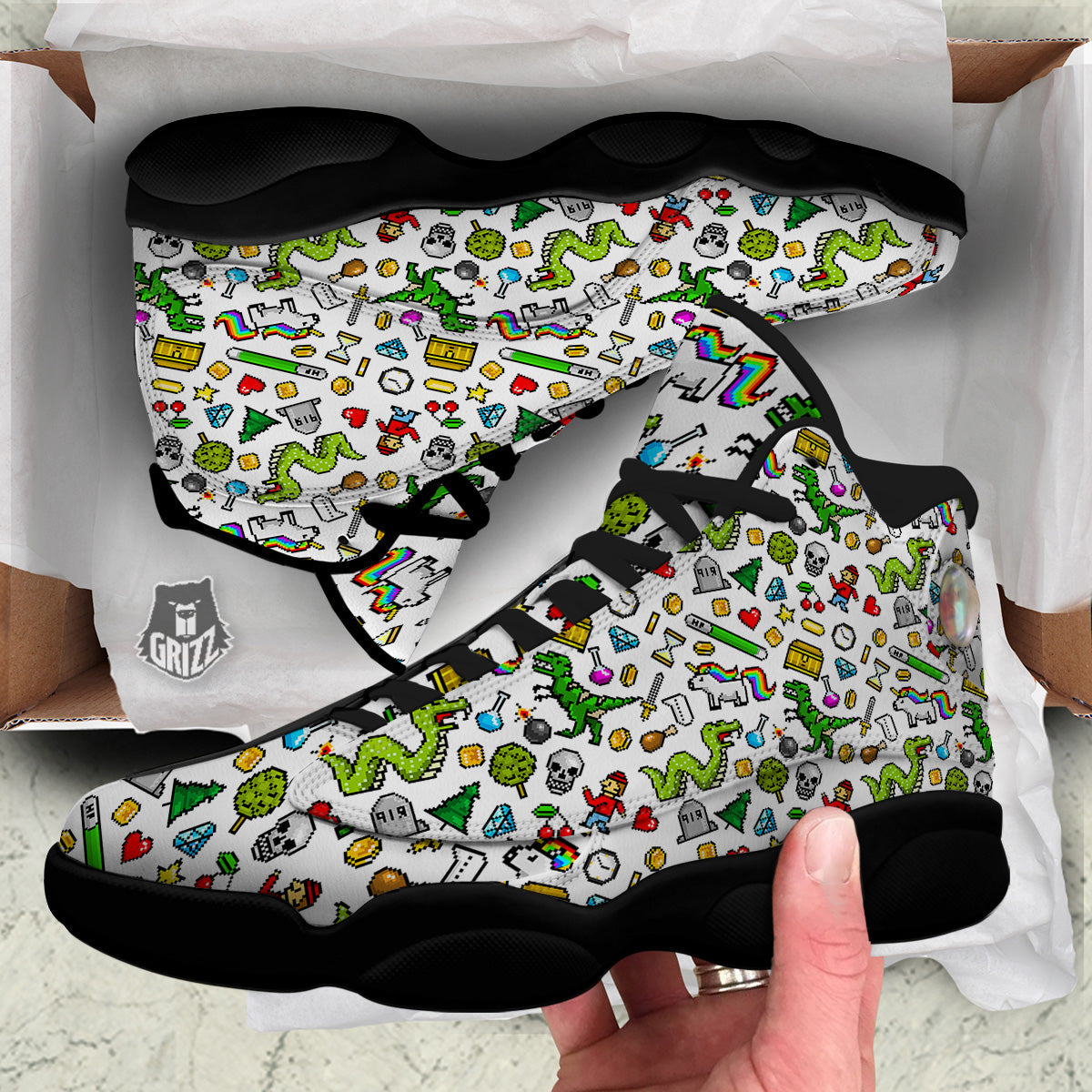 Pixel Art 8 Bit Retro Cartoon Print Pattern Black Basketball Shoes-grizzshop