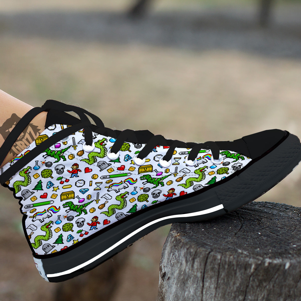 Pixel Art 8 Bit Retro Cartoon Print Pattern Black High Top Shoes-grizzshop
