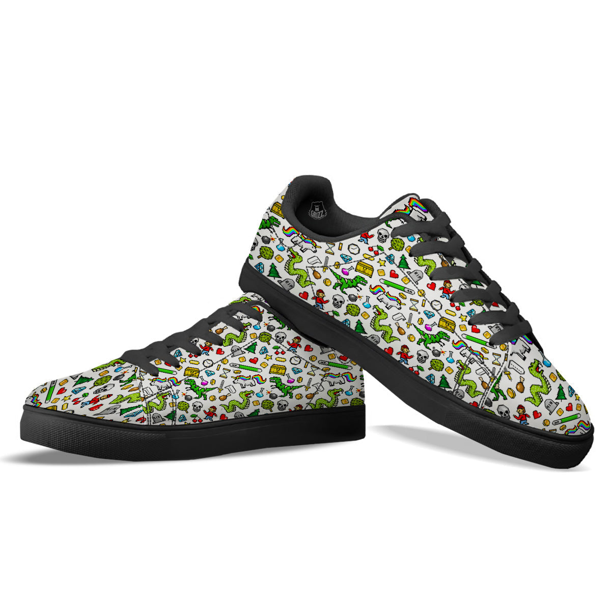 Pixel Art 8 Bit Retro Cartoon Print Pattern Black Low Top Sneakers-grizzshop