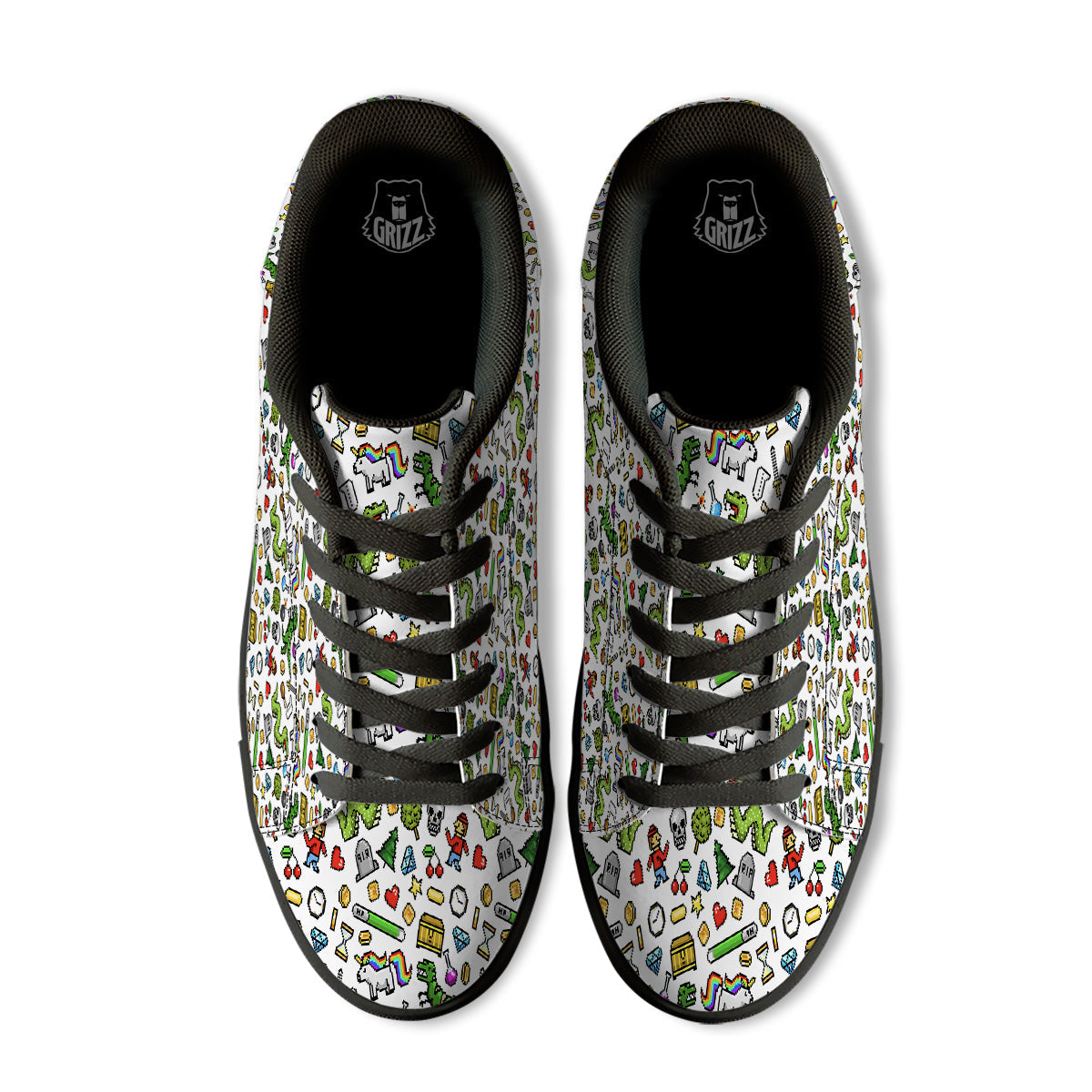 Pixel Art 8 Bit Retro Cartoon Print Pattern Black Low Top Sneakers-grizzshop