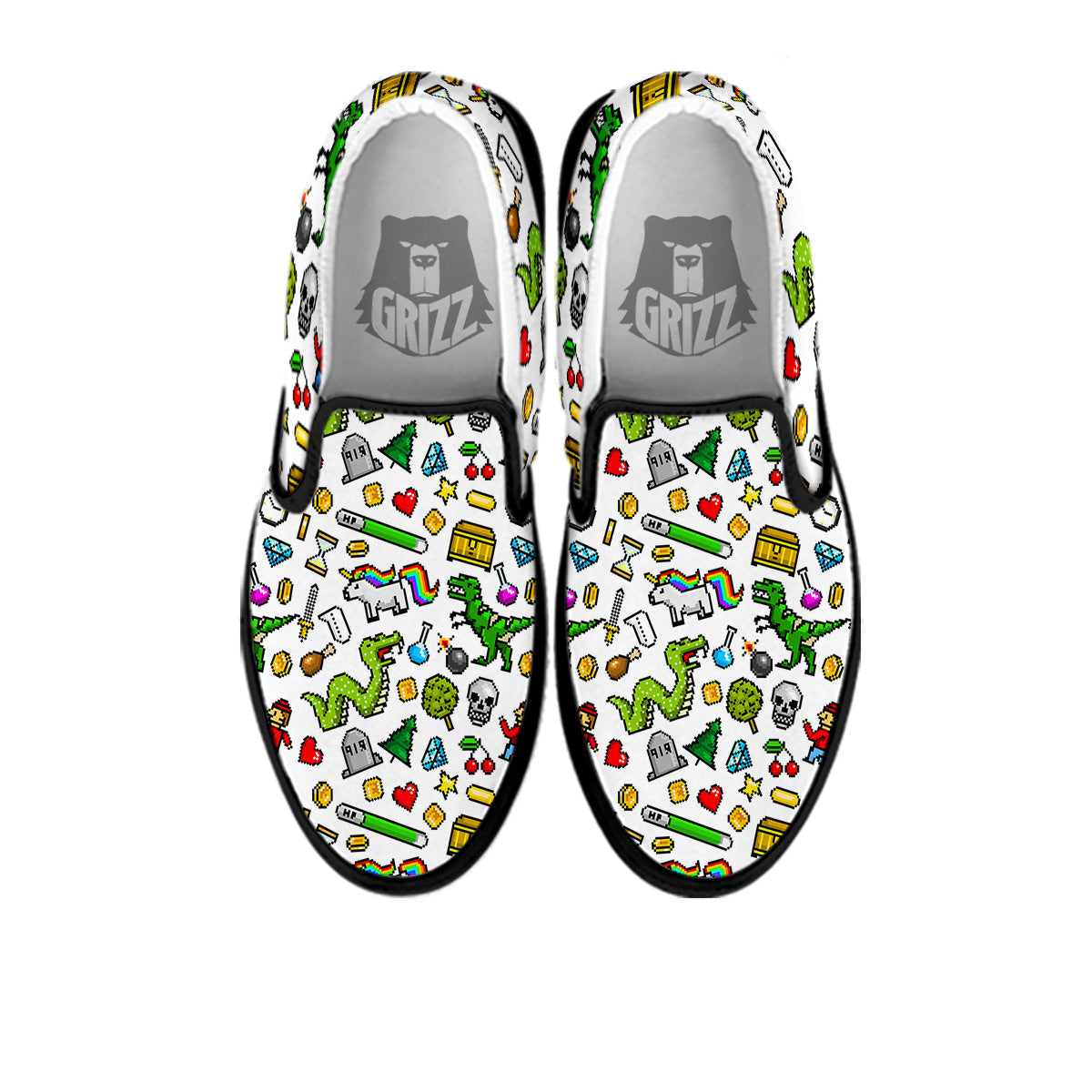 Pixel Art 8 Bit Retro Cartoon Print Pattern Black Slip On Shoes-grizzshop