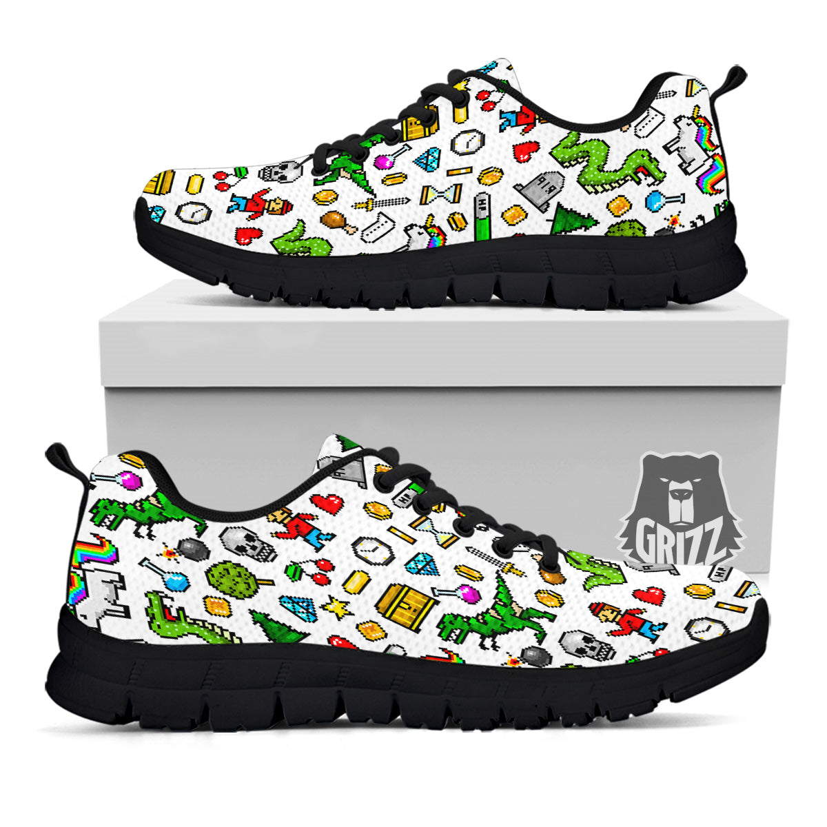 Pixel Art 8 Bit Retro Cartoon Print Pattern Black Sneaker-grizzshop