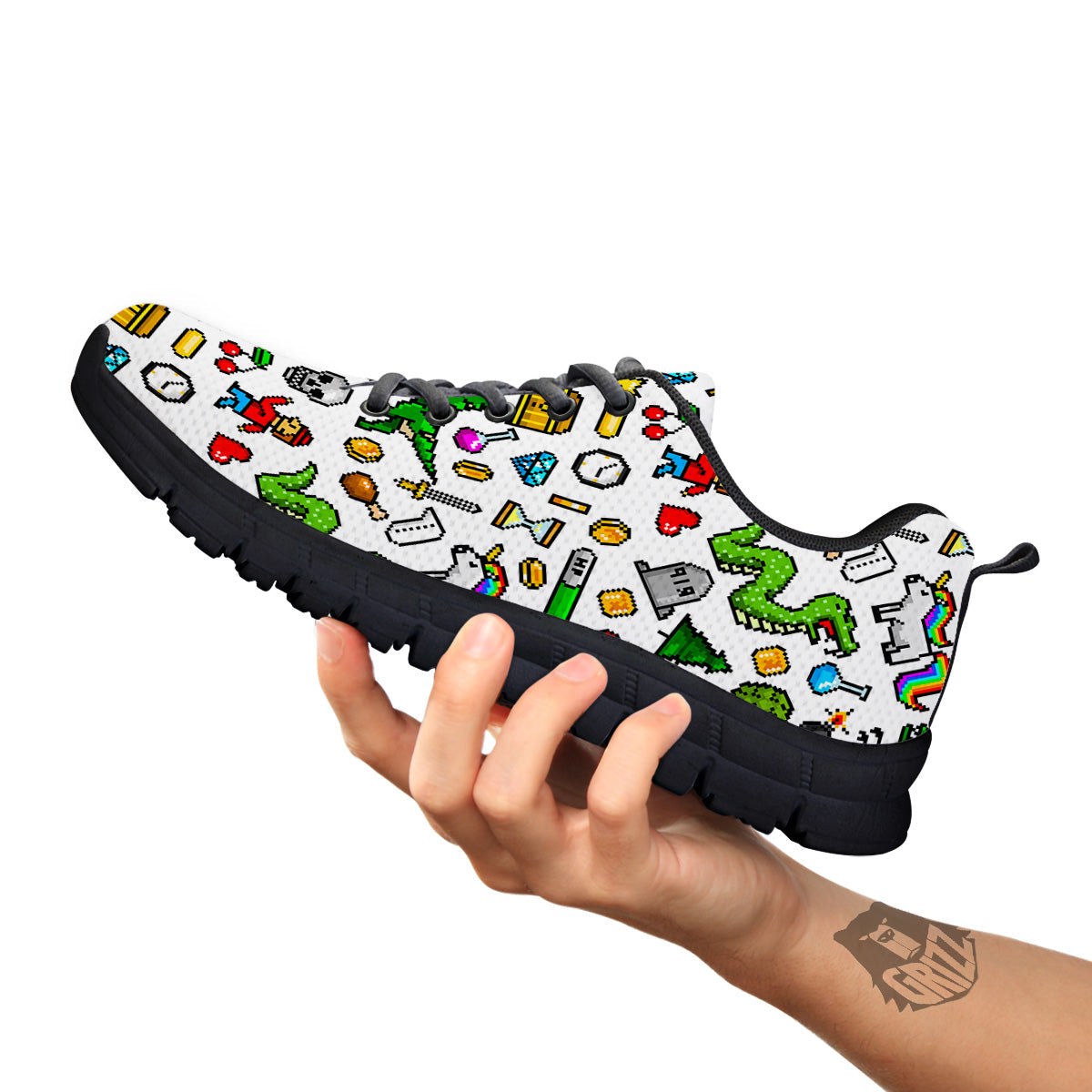 Pixel Art 8 Bit Retro Cartoon Print Pattern Black Sneaker-grizzshop
