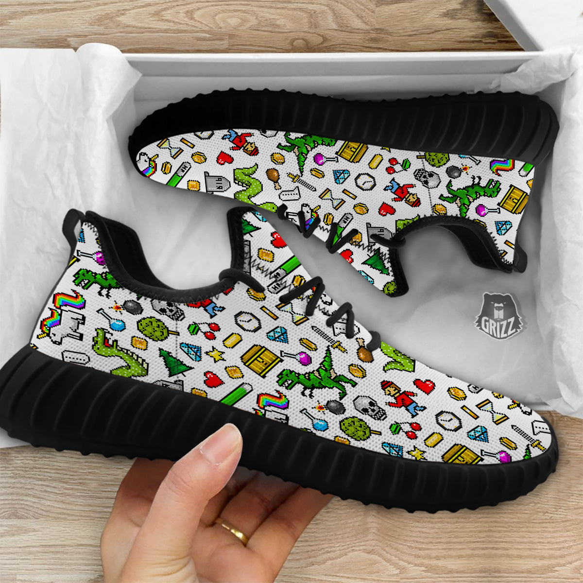 Pixel Art 8 Bit Retro Cartoon Print Pattern Black Walking Shoes-grizzshop