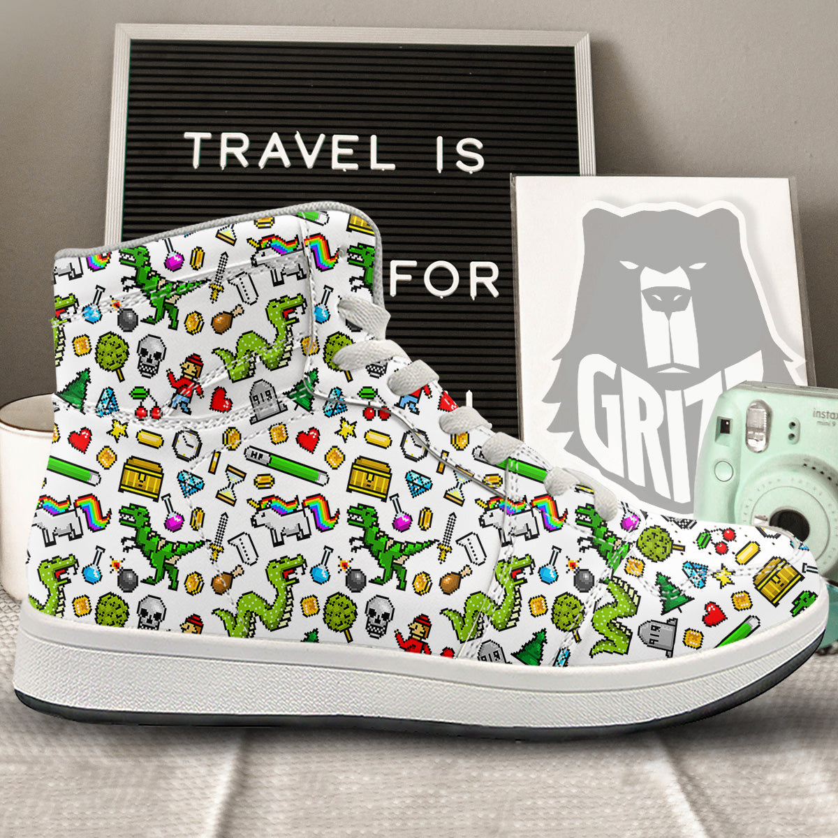 Pixel Art 8 Bit Retro Cartoon Print Pattern High Top Sneakers-grizzshop