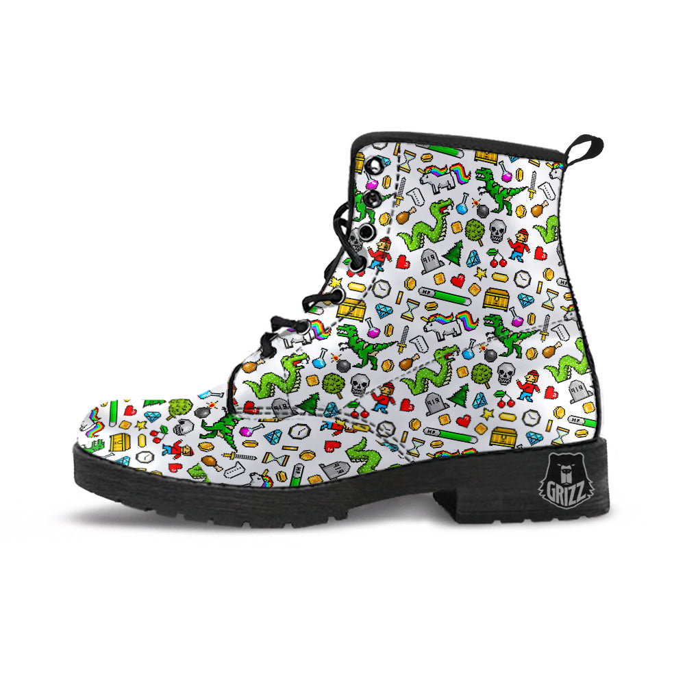 Pixel Art 8 Bit Retro Cartoon Print Pattern Leather Boots-grizzshop