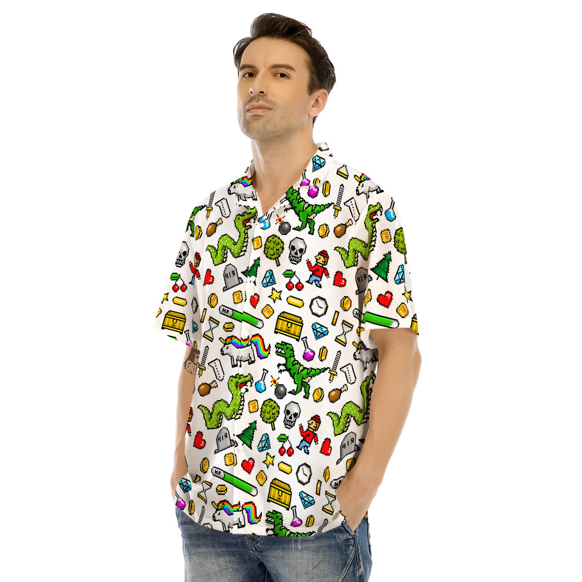 Pixel Art 8 Bit Retro Cartoon Print Pattern Men's Hawaiian Shirt-grizzshop