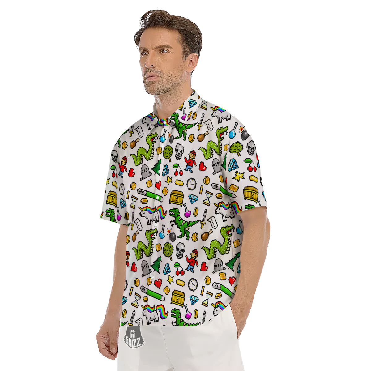 Pixel Art 8 Bit Retro Cartoon Print Pattern Men's Short Sleeve Shirts-grizzshop