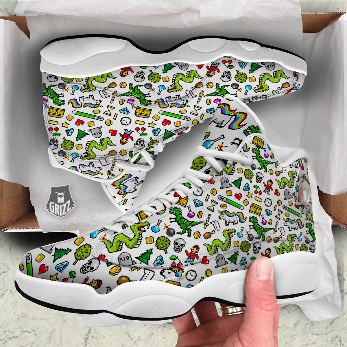 Pixel Art 8 Bit Retro Cartoon Print Pattern White Basketball Shoes-grizzshop