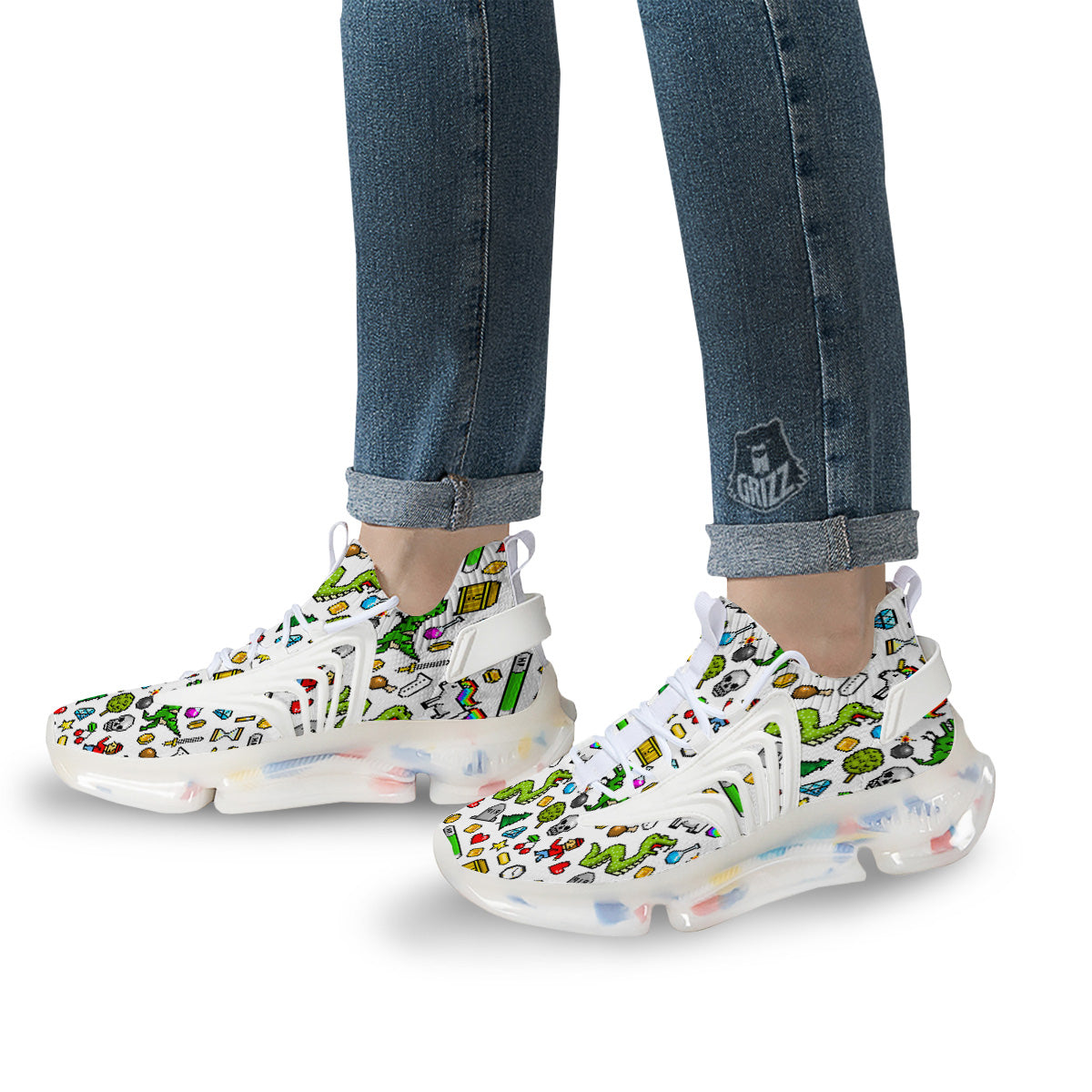 Pixel Art 8 Bit Retro Cartoon Print Pattern White Gym Shoes-grizzshop