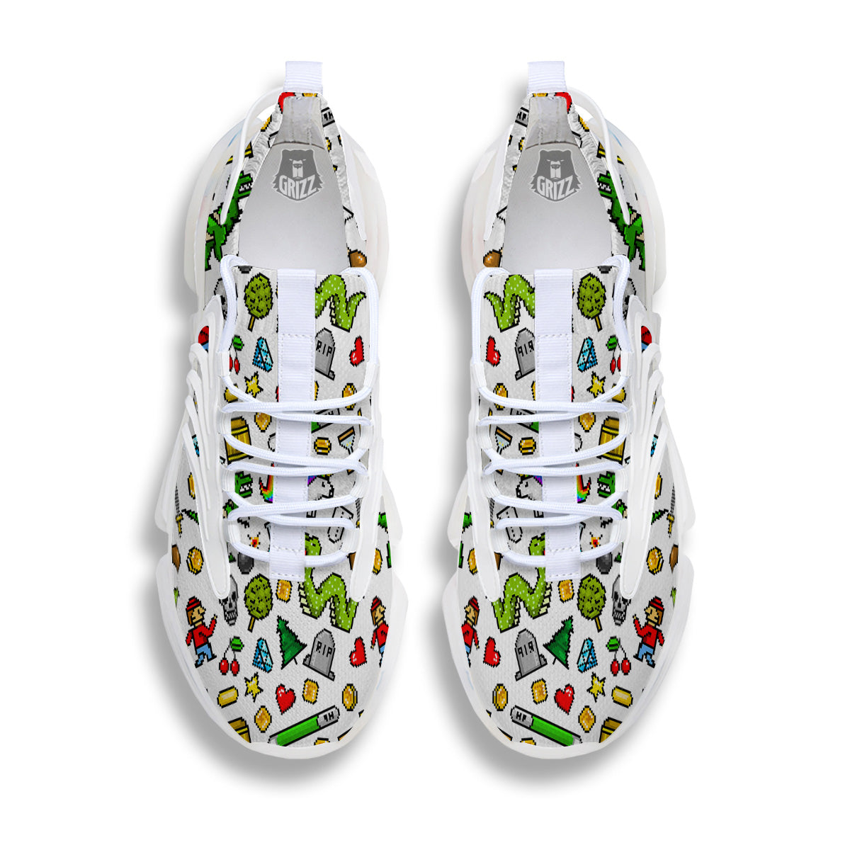 Pixel Art 8 Bit Retro Cartoon Print Pattern White Gym Shoes-grizzshop
