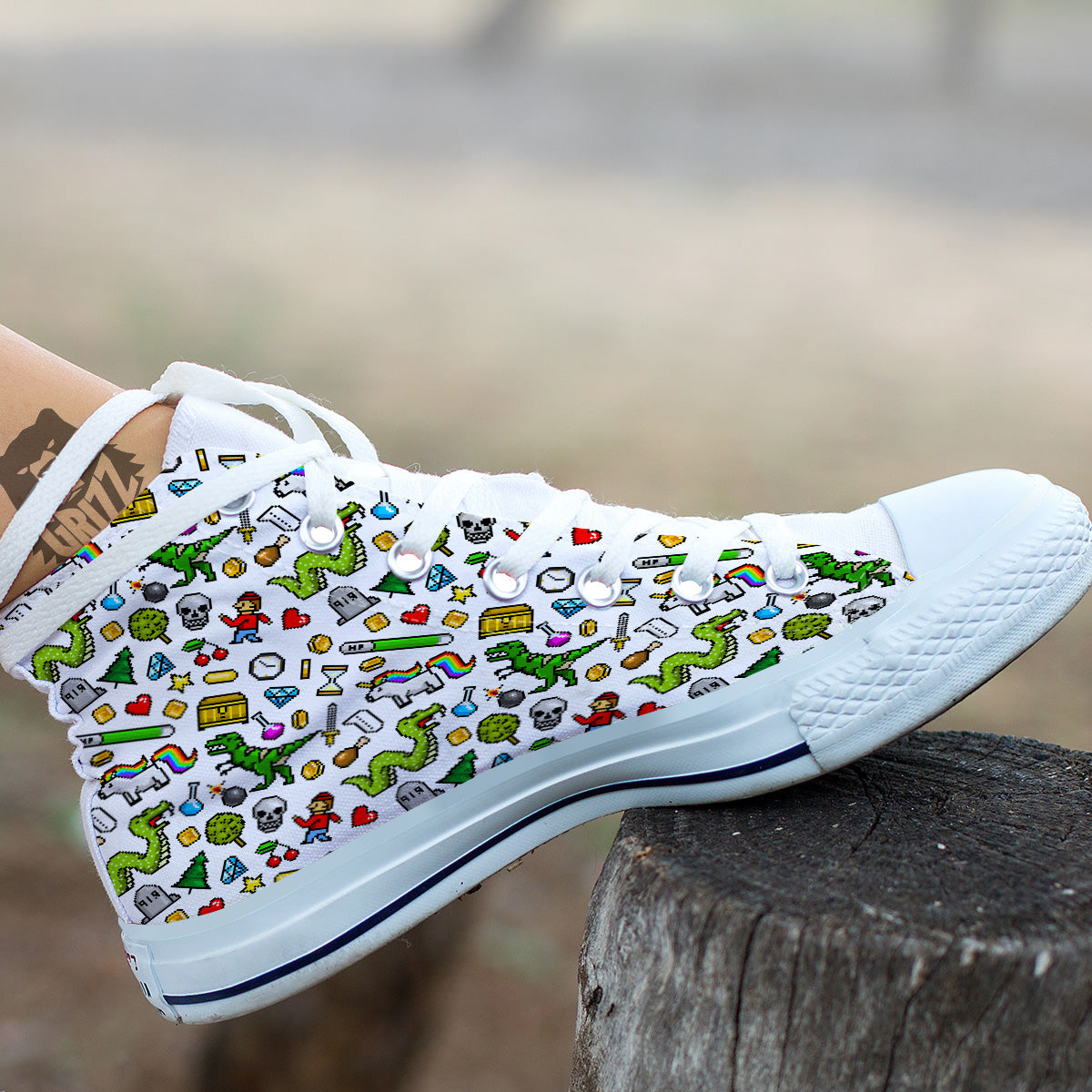 Pixel Art 8 Bit Retro Cartoon Print Pattern White High Top Shoes-grizzshop