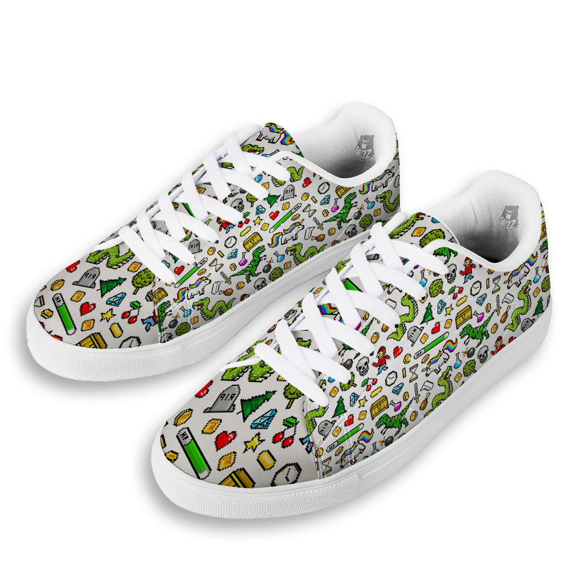 Pixel Art 8 Bit Retro Cartoon Print Pattern White Low Top Sneakers-grizzshop