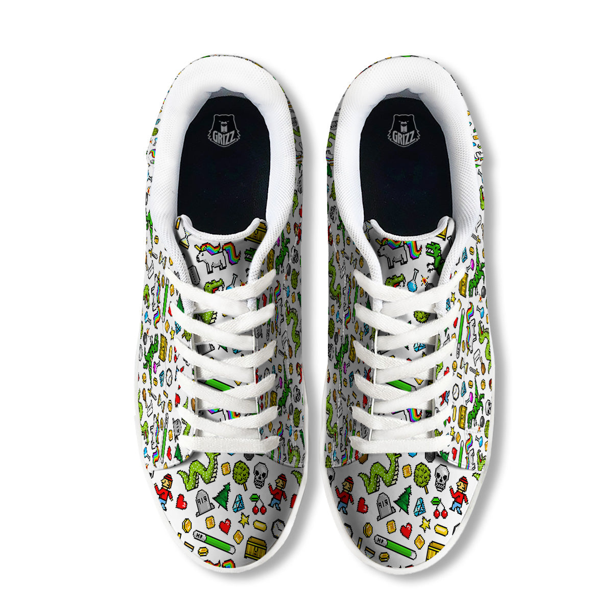 Pixel Art 8 Bit Retro Cartoon Print Pattern White Low Top Sneakers-grizzshop