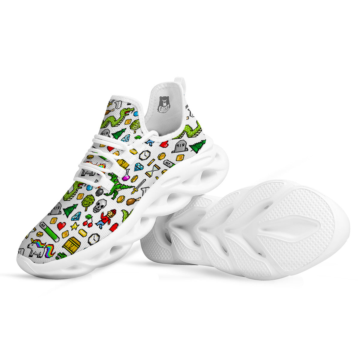 Pixel Art 8 Bit Retro Cartoon Print Pattern White Running Shoes-grizzshop
