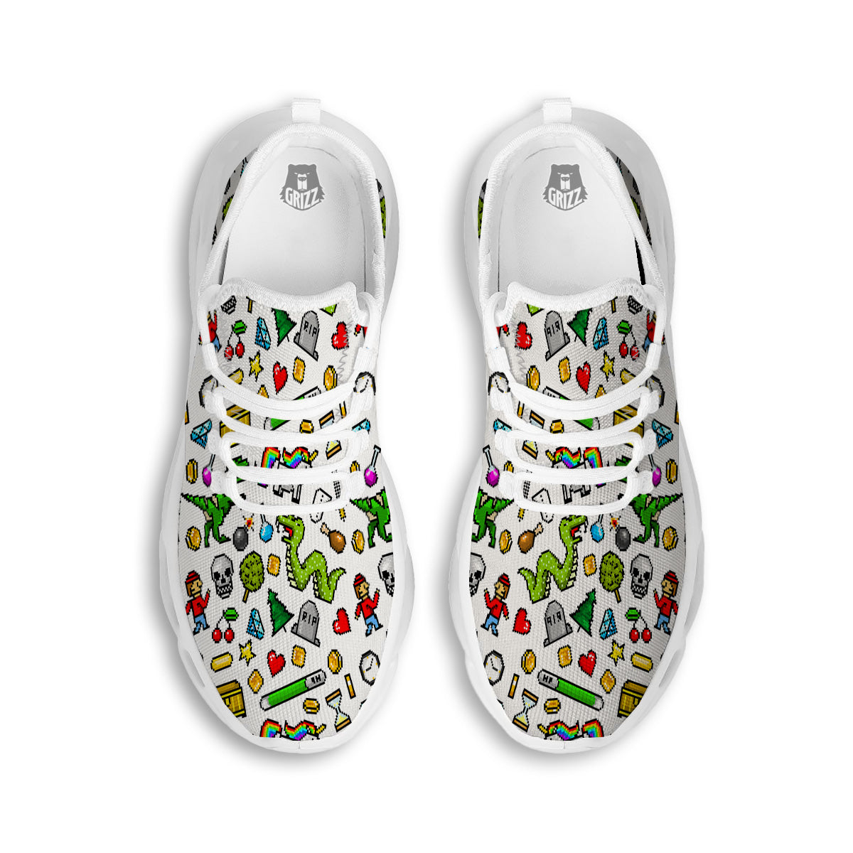 Pixel Art 8 Bit Retro Cartoon Print Pattern White Running Shoes-grizzshop