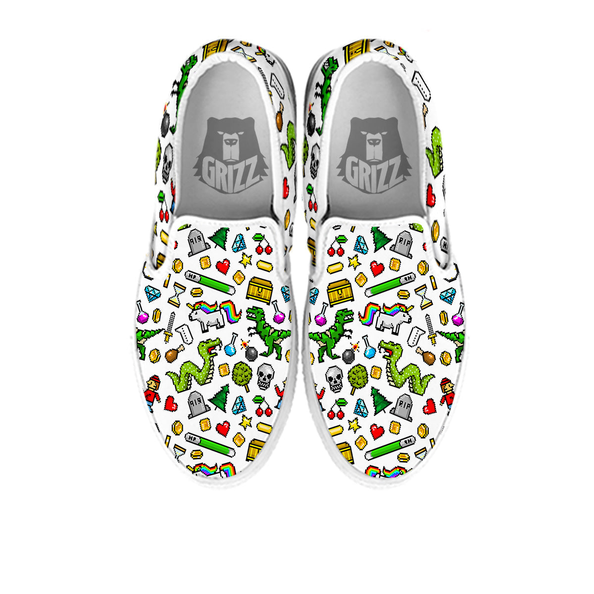 Pixel Art 8 Bit Retro Cartoon Print Pattern White Slip On Shoes-grizzshop