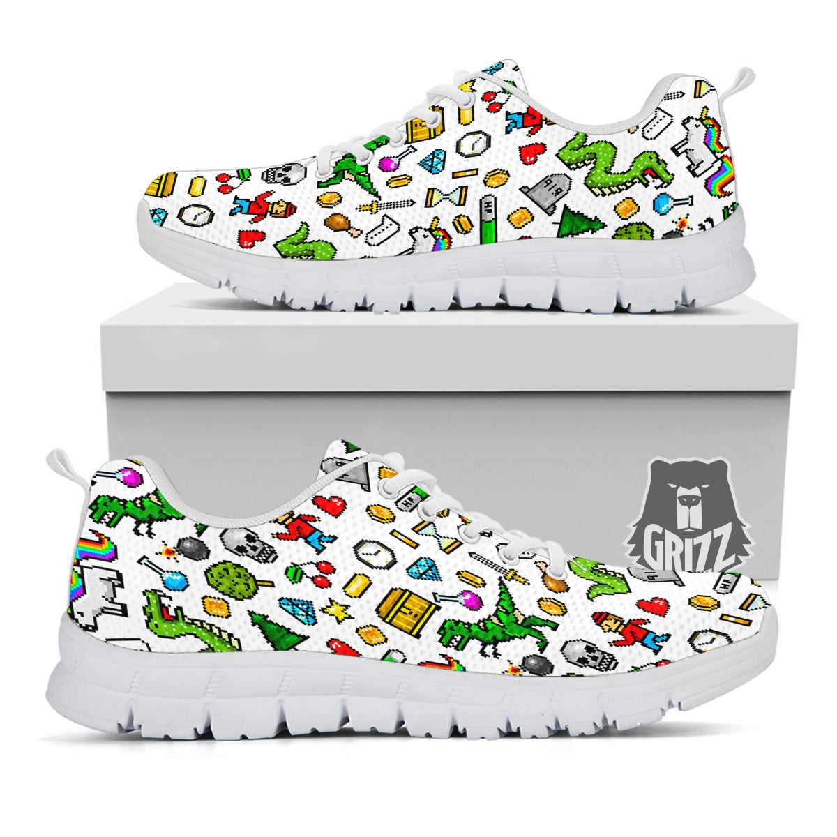 Pixel Art 8 Bit Retro Cartoon Print Pattern White Sneaker-grizzshop