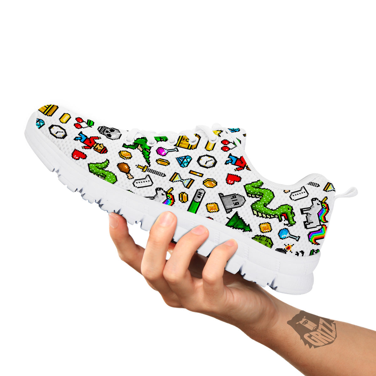 Pixel Art 8 Bit Retro Cartoon Print Pattern White Sneaker-grizzshop