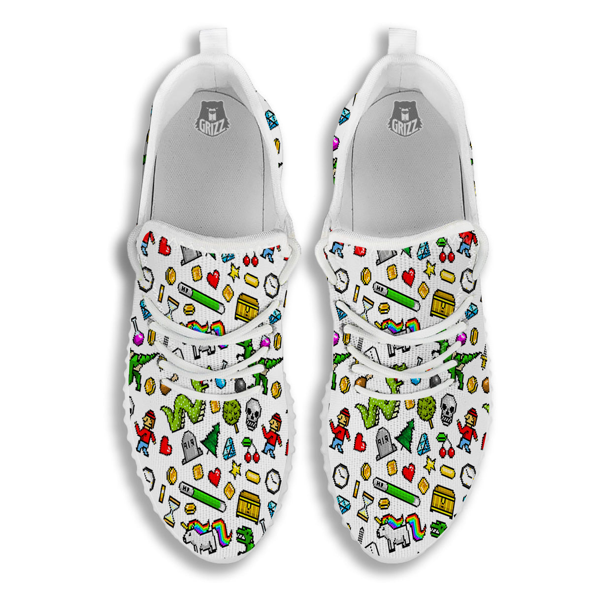 Pixel Art 8 Bit Retro Cartoon Print Pattern White Walking Shoes-grizzshop