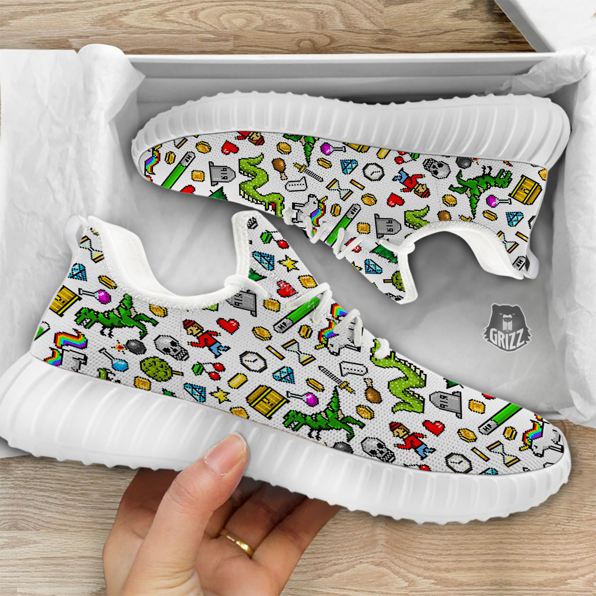 Pixel Art 8 Bit Retro Cartoon Print Pattern White Walking Shoes-grizzshop