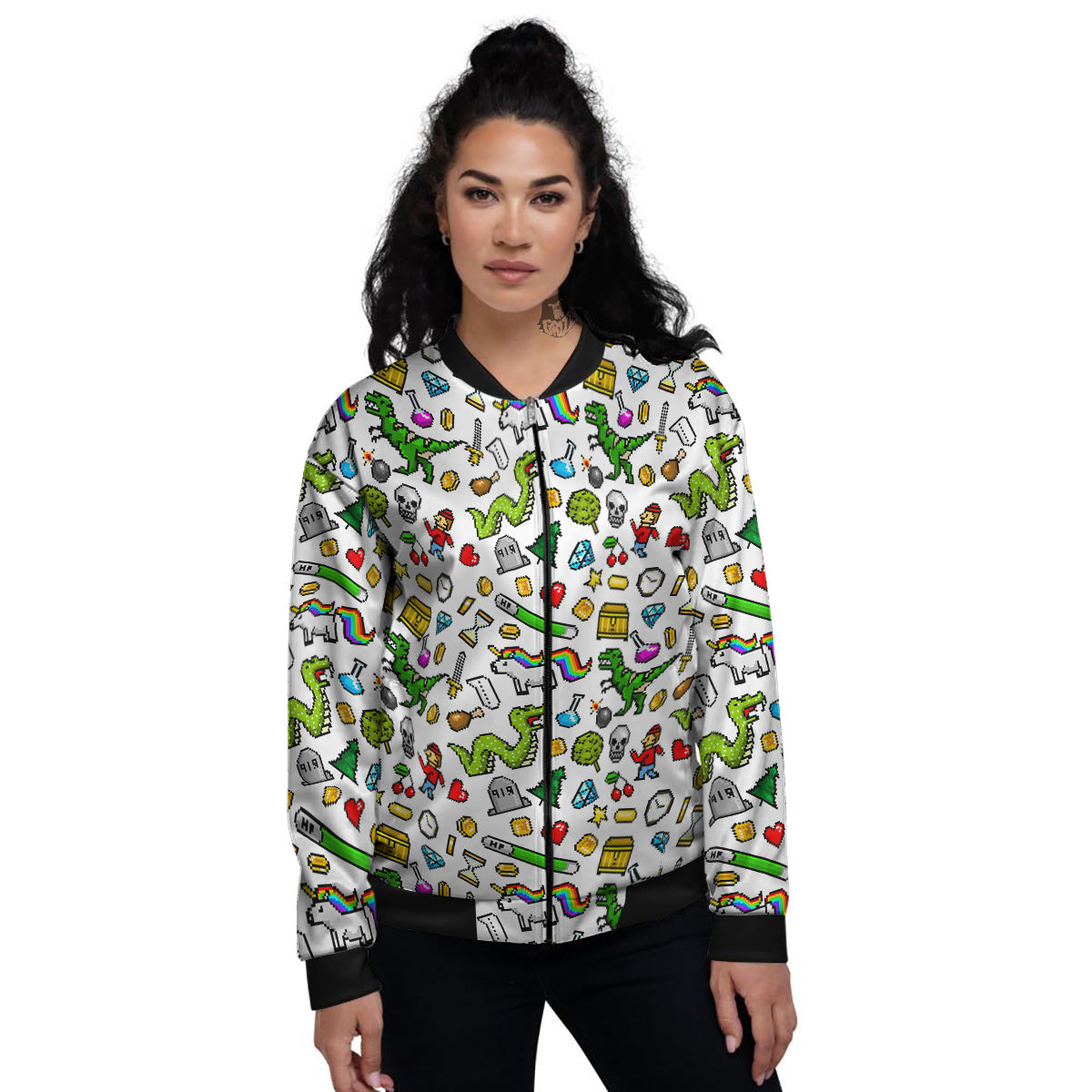 Pixel Art 8 Bit Retro Cartoon Print Pattern Women's Bomber Jacket-grizzshop