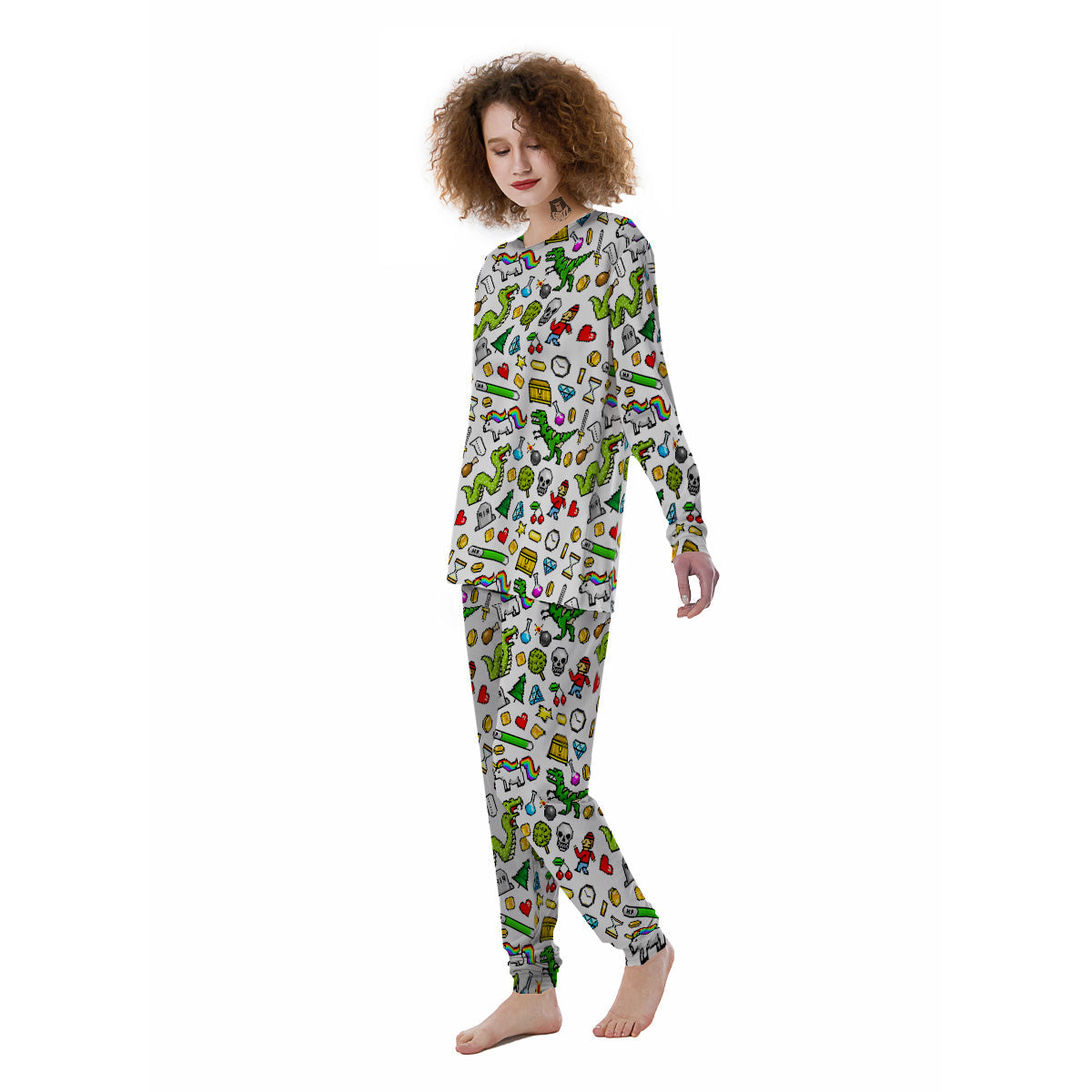 Pixel Art 8 Bit Retro Cartoon Print Pattern Women's Pajamas-grizzshop