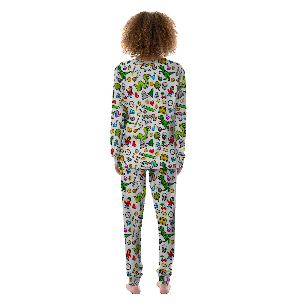 Pixel Art 8 Bit Retro Cartoon Print Pattern Women's Pajamas-grizzshop