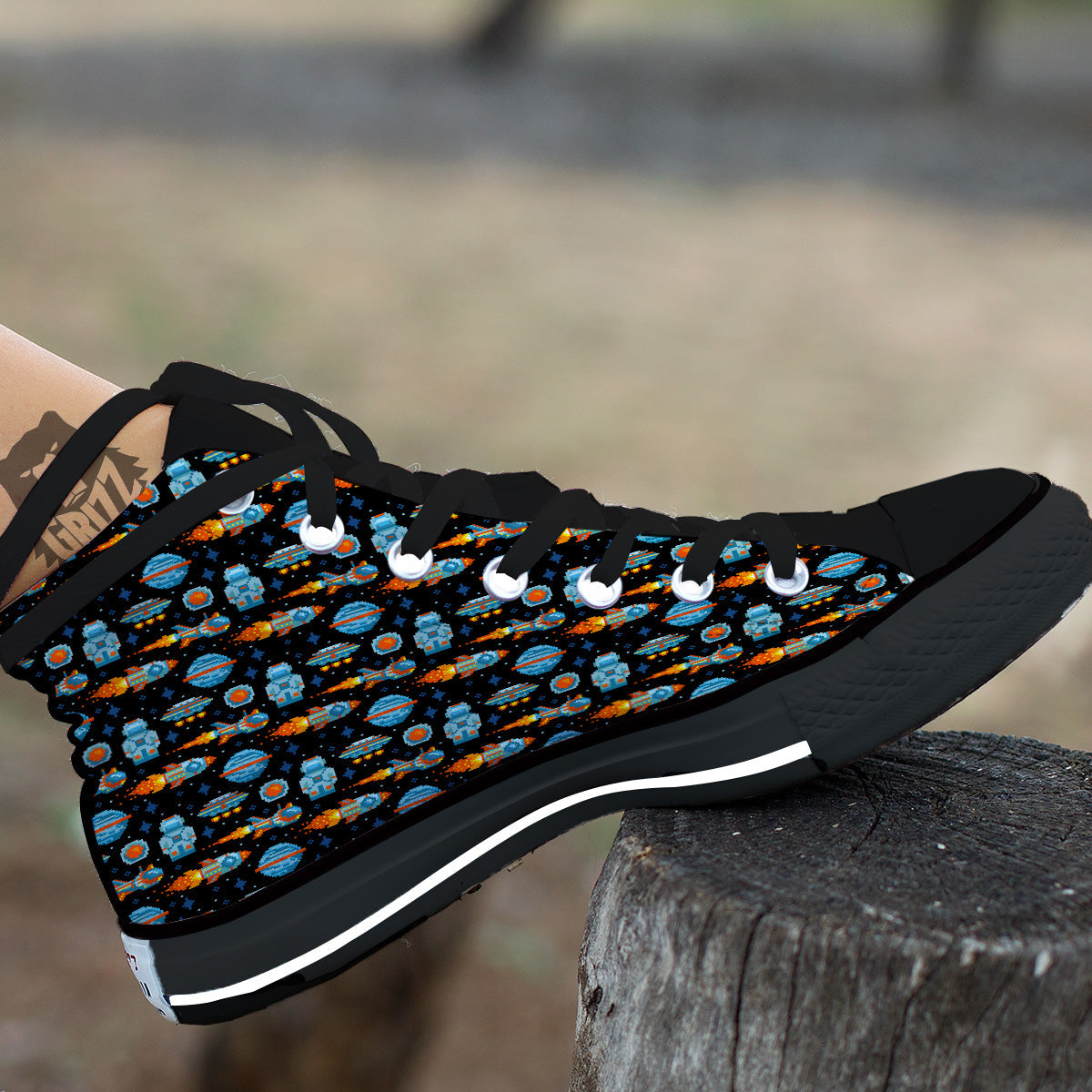 Pixel Art Space 8 Bit Print Pattern Black High Top Shoes-grizzshop