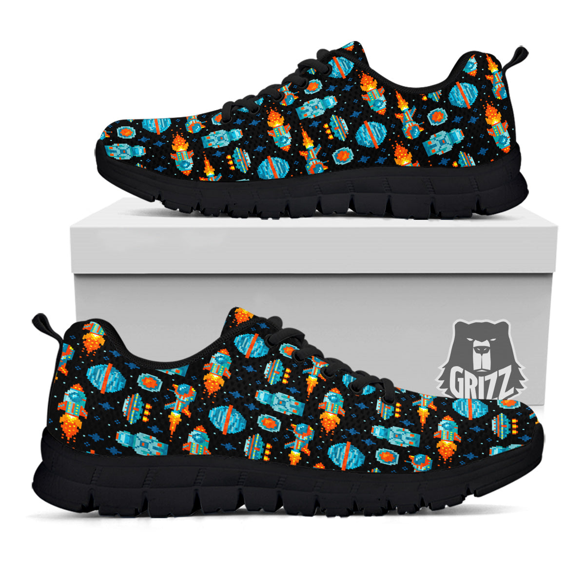 Pixel Art Space 8 Bit Print Pattern Black Sneaker-grizzshop